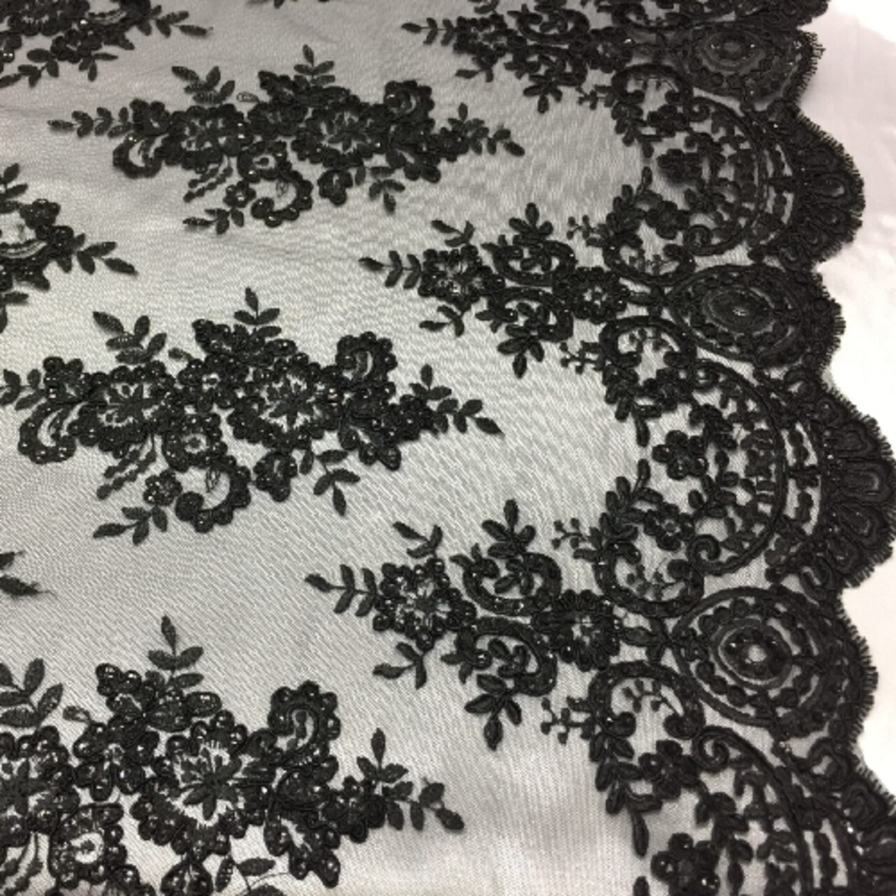 1 Yard Black Sequin Lace Fabric Polyester Blend Embroidered Mesh, 54″ Wide for Evening Gowns, Bridal Wear